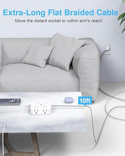 Surge Protector Flat Plug Power Strip, 10Ft Extension Cord with Multiple Outlets, 8 Outlet Splitter with 4 USB(2 USB C) Ports, Desk Charging Station for Home, Office, College, Dorm Room Essentials