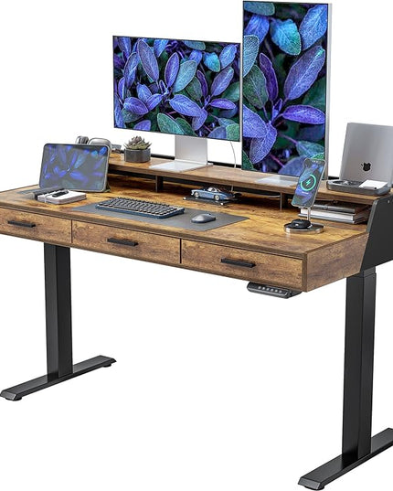 FEZIBO Standing Desk Adjustable Height, 55 x 26 Inches Sit and Stand Home Office Computer Desk with Drawers, Rustic Brown