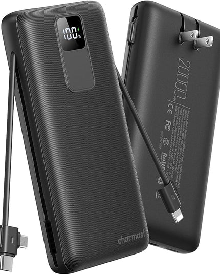 charmast Portable Charger 20000mAh with Wall Plug, Fast Charging Power Bank USB C, 20W PD Battery Pack with Built-in Cables Travel Essential for iPhone 16/15/14, Samsung, iPad More Devices (Black)