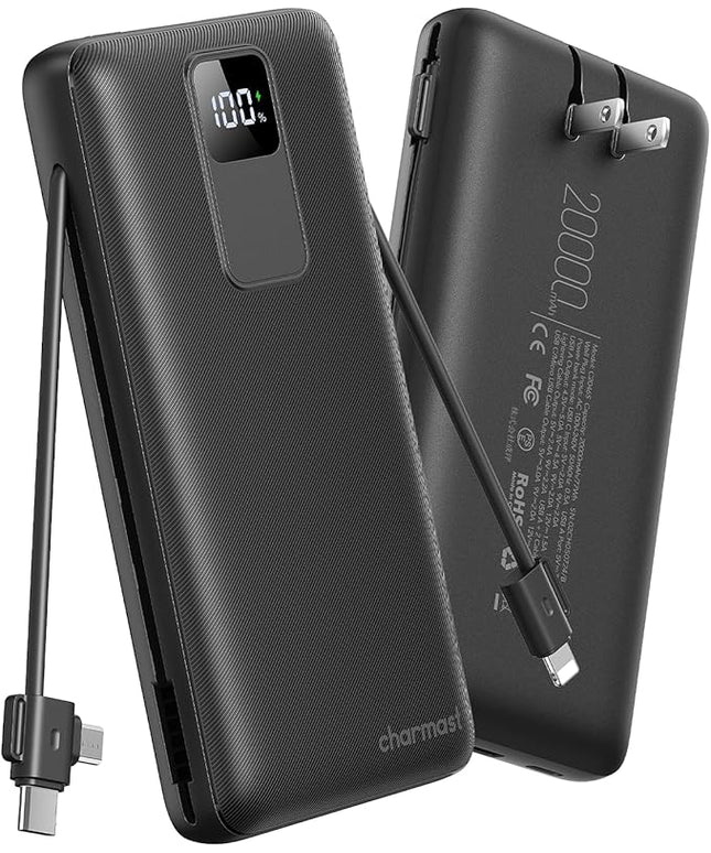 charmast Portable Charger 20000mAh with Wall Plug, Fast Charging Power Bank USB C, 20W PD Battery Pack with Built-in Cables Travel Essential for iPhone 16/15/14, Samsung, iPad More Devices (Black)