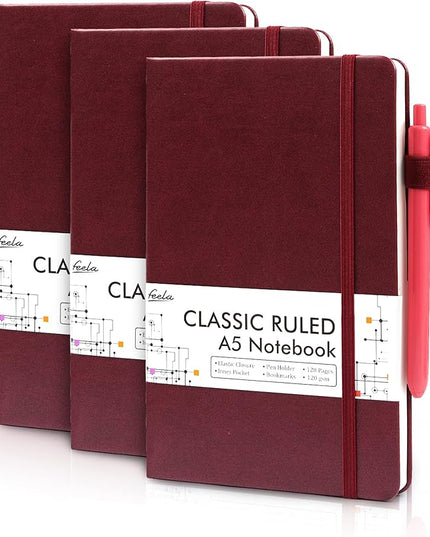 feela 3 Pack Notebooks Journals Bulk with 3 Black Pens, A5 Hardcover Notebook Classic Ruled Lined Journal Set with Pen Holder for Work Business Journaling Note Taking, 120 GSM, 5.1”x8.3”, Wine