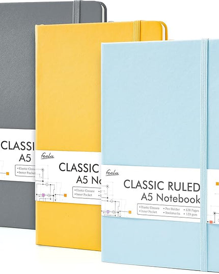 feela Hardcover Notebook For Work, Classic Ruled Lined Journal Set School Business Supplies, with 3 Black Pens, 120 GSM, 5.1”x8.3”, 3 Pack, A5, Solid Colors, Gray, Yellow, Light Blue