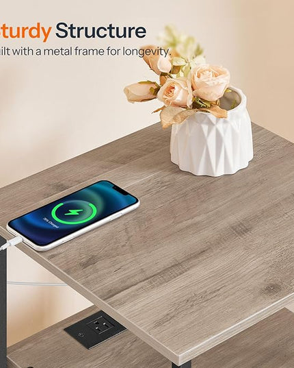 HOOBRO End Table with Charging Station, Bedside Table with 2 Drawer & USB Port & Type-C Port, Nightstand for Small Spaces, Stable and Sturdy, for Living Room, Greige and Black BG43UBZ01