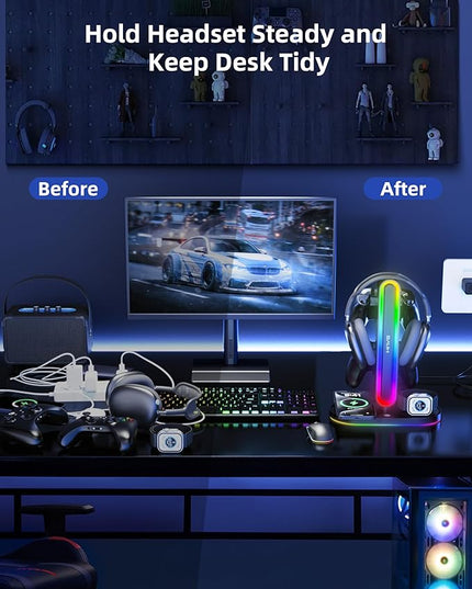 HiWe Universal RGB Gaming Headphone Stand with 2 Controller Holder, Wireless Charger for iPhone/iWatch, Solid ABS, Non-Slip Base, with USB-A & USB-C Outputs, Adatper Included, Black