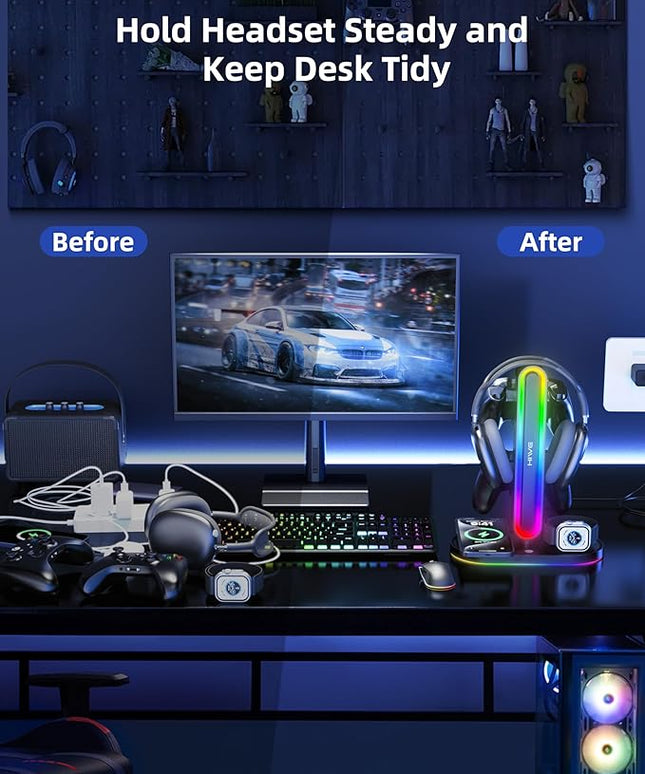 HiWe Universal RGB Gaming Headphone Stand with 2 Controller Holder, Wireless Charger for iPhone/iWatch, Solid ABS, Non-Slip Base, with USB-A & USB-C Outputs, Adatper Included, Black