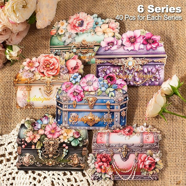 MiyouLuna 240Pcs PET Scrapbook Stickers Vintage Floral Designs for Scrapbooking DIY Crafts Waterproof Journaling Supplies Junk Journal Ephemera with Storage Organizer