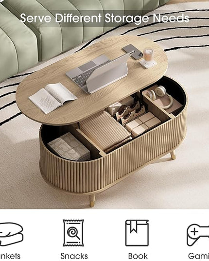 JOINICE 42.5" Oval Lift Top Coffee Table with Storage, Mid Century Modern Oak Center Table with Fluted Panel, Solid Wood Legs & Hidden Compartment for Living Room