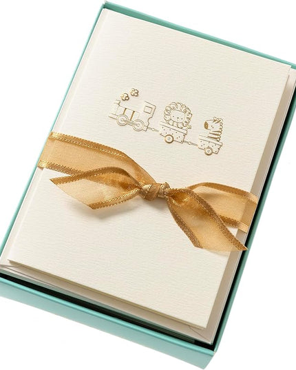 Graphique Baby Train Cards, Pack of 10 Cards with Envelopes, Newborn Greeting, Congratulations to New Parents, Blank Inside, Gold Foil Embossing, La Petite Press Collection Boxed Set, 3.25" x 4.75"