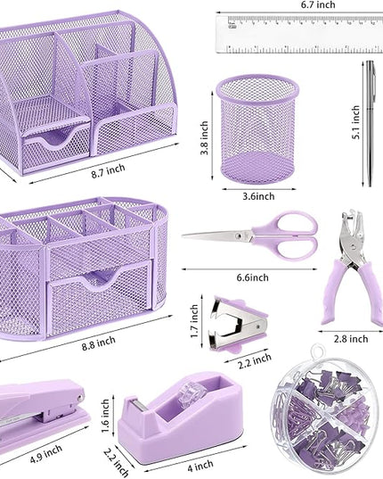 17 in 1 Purple Desk Organizers and Accessories Set, 3 Office Desk Supplies Storage Organization, 4 Pens, Stapler, Staples & Remover, Tape & Dispenser, Scissors, Ruler, Clips, Hole Punch Back to School