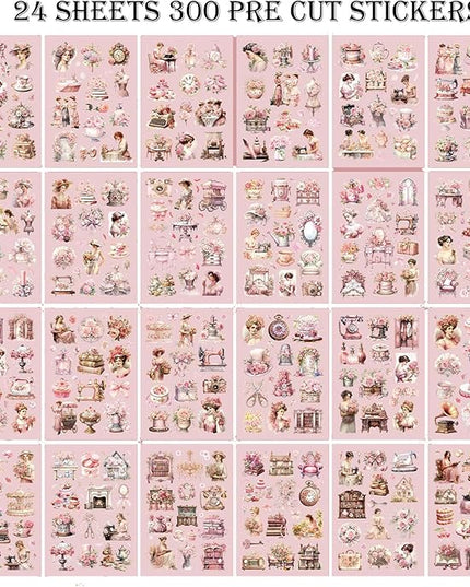 Auguro Vintage Ephemera Sticker 24 Sheets precut 300 washi Stickers Paper People Journal Stickers for Adults Junk journaling Sticker Book Scrapbooking Supplies