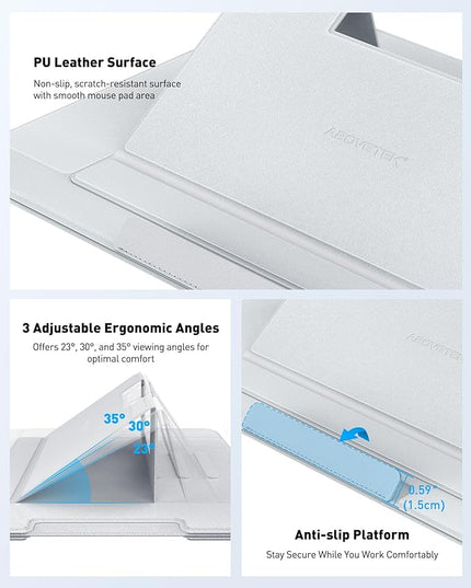AboveTEK Adjustable Laptop Lap Desk, 3 Ergonomic Angles, PU Leather Non-Slip Surface, Heat Shield, Retractable Mouse Pad, Portable Laptop Lap pad for Bed, Sofa, Travel (Light Gray)