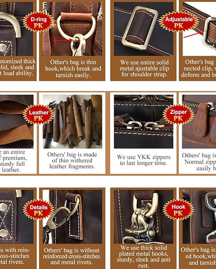 Masa Kawa Leather Briefcase for Men 15.6", 17" Laptop Computer Case Business Travel Work Messenger Cross Body Shoulder Bag