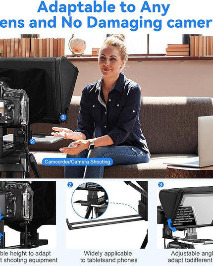 TX12P Teleprompter with Remote App Control, 14inch Metal Teleprompter，Compatible with iPad, Smartphone, DSLR Camera,Collapsible with Carry Case,Easy to Assemble
