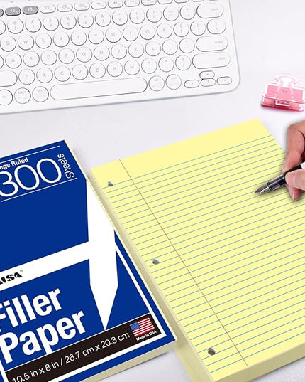 KAISA Loose Leaf Notebook Paper, College Ruled, 300 Sheets Per Lined Paper, 8" x 10.5", 3 Hole Punched for 3 Ring Binder, Canary, Made In USA