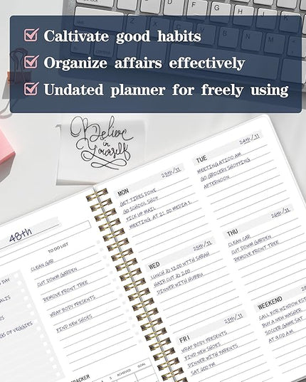 Undated Weekly Planner- Weekly Goals Notebook, A5 To Do List Planner, Habit Tracker Journal with Spiral Binding（Flower-1）