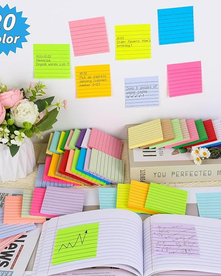 100 Pack Lined Sticky Notes Bulk 3 x 3 In Self-Stick Note Pads Colorful Posted Note in 20 Colors Adhesive Paper Memo 50Sheets/Pad Easy to Post for Office Home School Meetings Notebook Wall Door Window