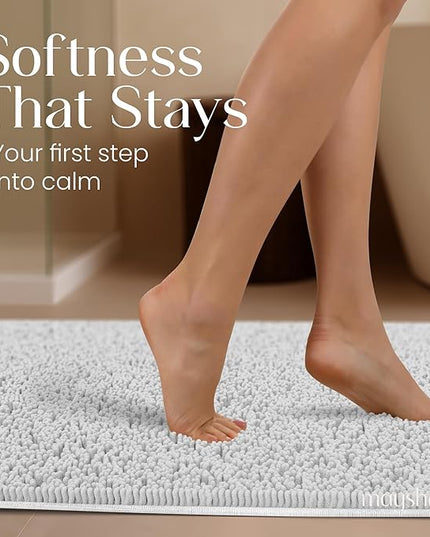 MAYSHINE Plush Shaggy Chenille Bath Mat | Extra Soft, Super Absorbent, Non-Slip Bathroom Rug | Fluffy Microfiber, Area Rug Sets for Bathroom Floor, Kitchen, Living Room | 71"x31" | White