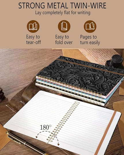 Spiral Journal Notebook, A5 Cute Notebooks for Women Men, College Ruled Hardcover Notebook for Work & Note Taking, 60 Pages Double-Wire Journals for Writing, Luxury Black Flowers