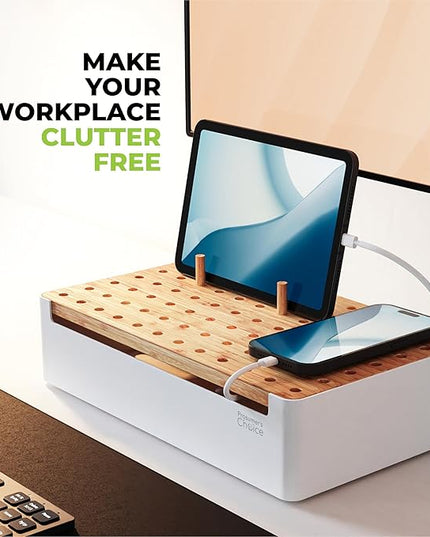 Prosumers Choice Bamboo Charging Station for Multiple Devices - Wooden Charger Organizer with Removable Dividers for Phones, Tablets, and Laptops - 11 Inch Cable Organizer Box - Space-Saving Desk Dock
