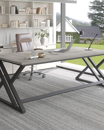 LVB 70.8" Long Office Desk, Modern Large Wood Metal Computer Desk, Industrial Double Workstation Desks for Two People, Rustic PC Executive Work Study Writing Computer Table for Home, Light Grey Oak