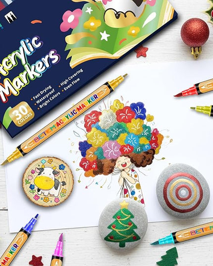 Betem 30 Metallic Acrylic Paint Markers, Dual Tip Acrylic Paint Pens with Brush Tip and Fine Tip, Art Supplies for Rock Painting, Wood, Stone, Glass, Ceramic, DIY Crafts Making Drawing Kit