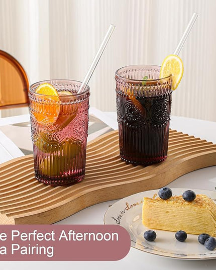 Vintage Glassware Drinking Glasses Set of 6,13 oz Purple Textured Flower Design Glass Water Tumblers，Embossed Striped Drinkware for Water,Cocktails,Juice,Iced Coffee