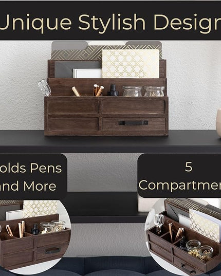 BLU MONACO | Wooden Mail Organizer with Drawer and Pen Holder | Mail Sorter Organizer Countertop for Desk or Kitchen | Outgoing Mail Holder Wood Desktop Storage