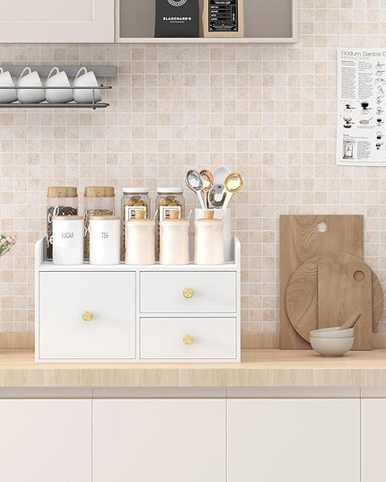 Bamboo Desk Organizer with Drawers Wooden Desktop Storage Drawers for Bills Office Supplies Kitchen Utensils Organizing Tool for Home Classroom Organization No Assembly (3 Drawer, White)