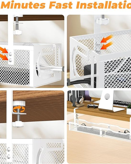 Under Desk Cable Management Tray, No Drill Steel Desk Cable Organizers, Wire Management Tray Cable Management Rack (24.4" Length-White)
