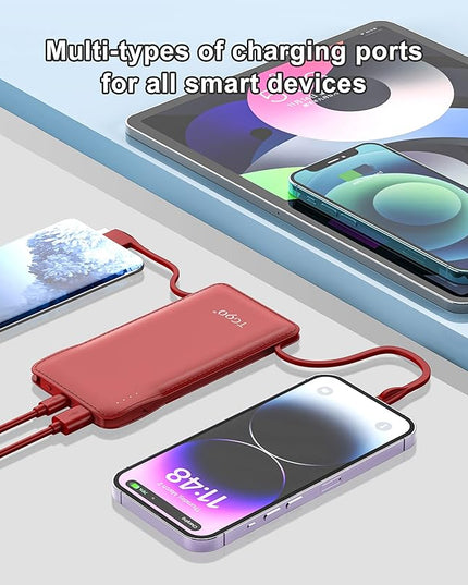 TG90° Portable Charger 10000mah Cell Phone Battery Backup, Ultra Slim Power Bank with Built in Cables(No AC Plug), Portable Phone Charger Battery Packs Compatible with iPhone Android Phones