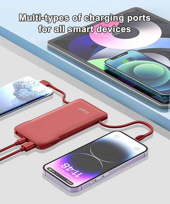 TG90° Portable Charger 10000mah Cell Phone Battery Backup, Ultra Slim Power Bank with Built in Cables(No AC Plug), Portable Phone Charger Battery Packs Compatible with iPhone Android Phones