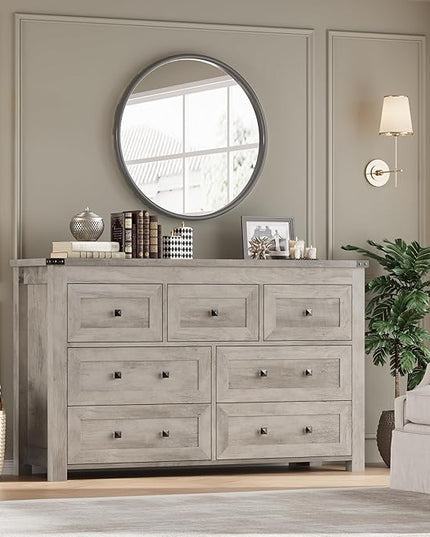 BORNOON 7-Drawer Dresser, Modern Wooden Storage Chest of Drawers, Dresser TV Stand, Wood Drawer Organizer with Metal Handles for Bedroom, Living Room, Hallway