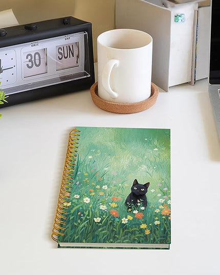 ROXMART Black Cat Wildflower Field Spiral Notebook, Black Cat Gifts Journal, Gifts for Cats Lovers, Rustic Floral Cute Kitty Kitten Hardcover Notebook Journal, 5.5x8.3 Inch