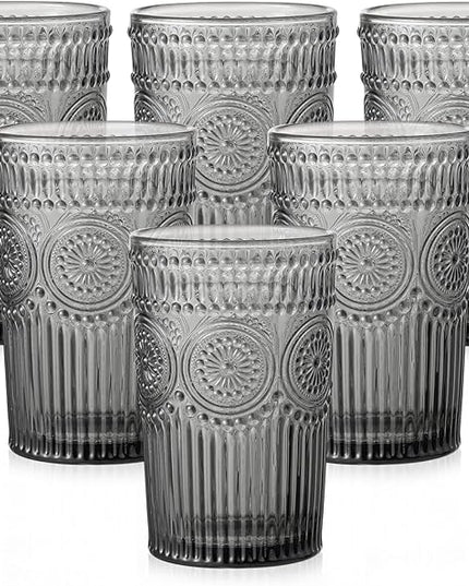 Vintage Glassware Drinking Glasses Set of 6,13 oz Grey Textured Flower Design Glass Water Tumblers，Embossed Striped Drinkware for Water,Cocktails,Juice,Iced Coffee