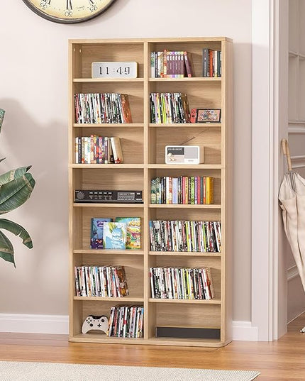 LELELINKY 7 Tier Tall Display Cabinet, Natural Media Storage Cabinet with Adjustable Shelves, Free Standing DVD Organizer Shelf, Floor multimedia storage manga bookshelf for Living Room & Home Office.