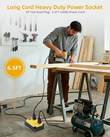 Heavy Duty Power Strip15 Amps/1200 Joules, 12 Outlets with 4 USB Ports (2 USB-C), Industrial Magnetic Surge Protector, 6.5 FT Extension Cord for Industrial Shop Garage (Yellow)