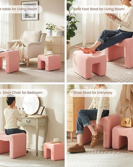 Ottoman Set of 2 Vanity Stool Chair Seating Backless Modern Foot Rest Teddy Velvet Small Footstool Ottoman for Makeup Room Living Room Bedroom Entryway,(2-in-1) Pink