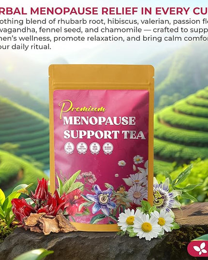 FreshDrinkUS, 40 Tea Bags - Menopause Support Herbal Tea – Soothing Blend with Rhubarb, Hibiscus, Valerian, Passiflora, Ashwagandha, Fennel & Chamomile, Caffeine-Free, Vegan, Non-GMO