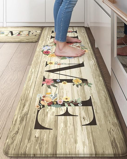 KIMODE Kitchen Floor Mats Cushioned Anti Fatigue,Farmhouse Floral Rugs Sets of 2,Memory Foam Carpet Non Slip,Long Sink Runner for Bathroom Laundry Office,Beige 17"x59"+17"x29"