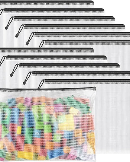 Umriox Mesh Pouch, 14.9x11.0 in (Black, 12 Pack), Extra Large Waterproof Zipper Bags for Office Supplies, Puzzles, Board Games & Cross Stitch Projects