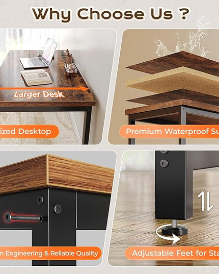 Huuger 48 x 24 inch Desk with Power Outlets & USB-C, Deeper & Thicker Desktop, Robust Metal Tubes, Computer Desk, Heavy Duty Office Desk, Work Gaming Desk for Home Office, Rustic Brown