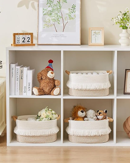 Storage Bins Woven Baskets for Storage Set of 3, Cotton Rope Basket with Handles for Toys/Shelves/Laundry, Rectangle Multi-Purpose Organizer for Living Room, Bedroom, Nursery (White/Brown)