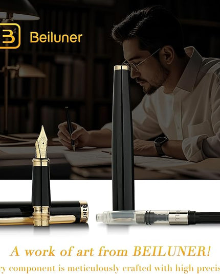 BEILUNER Black Fountain Pen,Stunning Luxury Pens with 24K Gold Accents, Gorgeous 24K Gilded Nib(Fine), Trustworthy Pen Gift for Men&Women -Ink Converter-Elegant, Reliable,Fancy Pen for Writing
