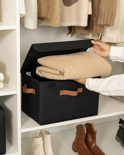 GRANNY SAYS Storage Bins with Lids, Decorative Storage Boxes with PU Handles, Black Storage Bin, Linen Closet Organizer, Shelf Baskets, Fabric Storage Bins for Clothes
