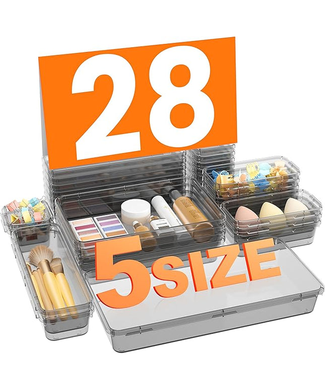 A-LuGei 【Military Grade】 Drawer Organizer, 【𝟱𝗦𝗶𝘇𝗲】 Clear Makeup organizer, 【Holds 177 Items】 Bathroom Organizers and Storage, Plastic Desk Organizer Divider, Organizer Bins for Office Vanity