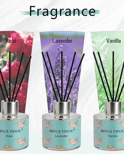 Binca Vidou Reed Diffuser Set of 3, Lavender, Rose, Vanilla Aromatherapy Oil Diffusers for Bedroom, Living Room, Office, Gift & Stress Relief, 50ml x 3