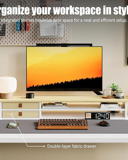 Dual‑Tier Monitor Stand Riser with Drawers, Desktop Organizer Shelf Storage for Computer Screen 2 Monitors, Supports for PC Computer Monitor, Printer, Heavy TV Riser Beige and White