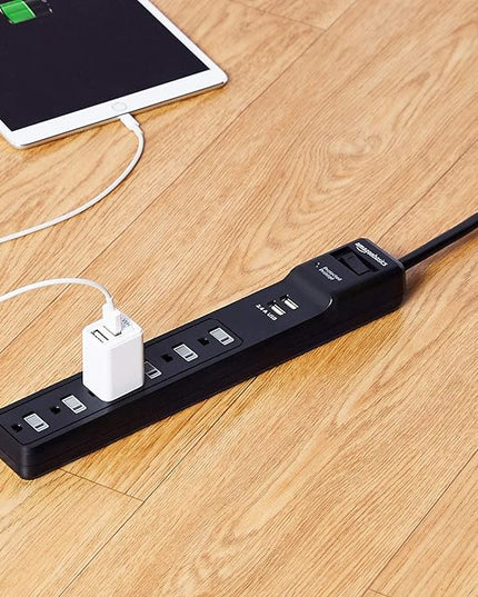 Amazon Basics Surge Protector Power Strip with 6 Outlets, 2 USB Ports, 1000 Joule, 6-Foot Cord Length, Black