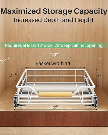Pull out Cabinet Organizer, 12"W X 21"D, Heavy Duty Smooth Sliding Under Cabinet Shelves for Pots and Pans, Full-Extension Roll out Drawers, Slide out Organization for Home Kitchen Pantry, White
