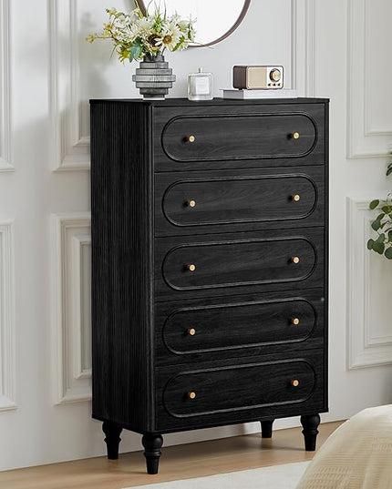ORRD 5 Drawer Fluted Dresser for Bedroom Set of 2, Mid Century Modern Chest of Drawers, Wood Storage Large Dresser Organizer for Bedroom Living Room Hallway Closet, Black